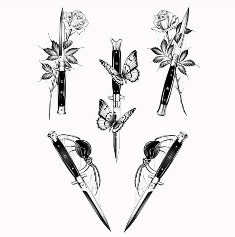 Knife Fine Line Tattoo, Knife With Butterfly Tattoo, Butterfly Knife Tattoo, Black Flowers Tattoo, Geisha Tattoo Design, Knife Tattoo, Chicano Art Tattoos, Spider Tattoo, Dagger Tattoo