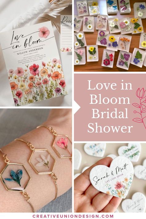 Spring is the perfect time to celebrate love and new beginnings, making it an ideal season for a wildflower-themed bridal shower. Plan your dream wildflower bridal shower with invitations, welcome signs, recipe cards, bouquets, soap favors, bridesmaid gifts, hexagon pressed flower bracelets, pressed floral frames, seed packet favors. Summer garden wedding bridal shower inspirational ideas. Flower Shower Favors, Wedding Shower Floral Theme, Spring Theme Bridal Shower Ideas, Flower Garden Bridal Shower Ideas, Wild In Love Bridal Shower Theme, Garden Style Bridal Shower Ideas, Wildflower Wedding Shower Theme, Spring Bridal Shower Decor, Bridal Shower Flower Favors