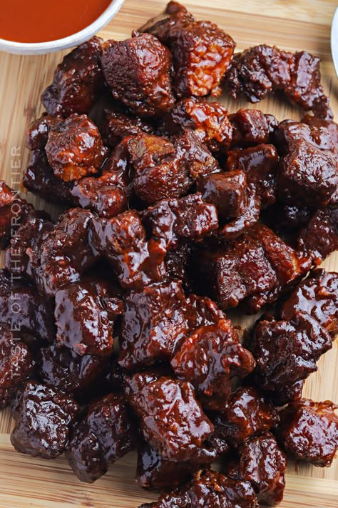 Pork Belly Burnt Ends Recipe, Pork Belly Candy Recipe, Pork Belly Burnt Ends Oven Recipes, Crock Pot Burnt Ends, Kielbasa Burnt Ends, Rib End Pork Chop Recipes, Oven Baked Pork Belly Burnt Ends, Pork Ends Recipes, Oven Pork Belly Burnt Ends