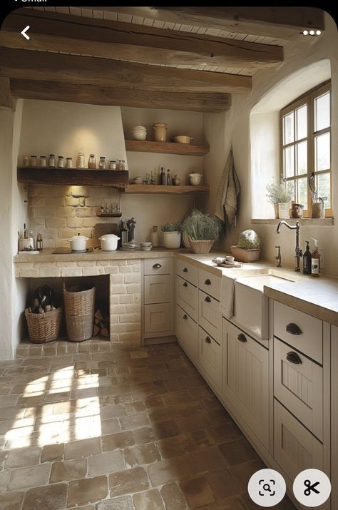 Earthy Kitchen, Old Farmhouse Kitchen, Old World Kitchens, Open Kitchen And Living Room, Rustic Country Kitchens, Minimalist Kitchen Design, Rustic Kitchen Design, Rustic Farmhouse Kitchen, French Country Kitchen