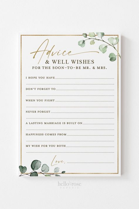 Advice For Mr And Mrs, Advice And Wishes Wedding, Advice And Well Wishes Wedding, Rose Gold And Eucalyptus Bridal Shower Decor, Green And Gold Wedding Shower Decor, Sage Green And White Bridal Shower Ideas, Bridal Shower Advice Ideas, Bridal Shower Green And Gold, Green And Gold Bridal Shower Decor