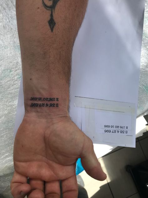 Coordinates Tattoo Wrist, Wrist Date Tattoo, Number Tattoo Men, Coordinates Tattoo Men, Date Tattoo Ideas For Men, Area Code Tattoo, Area Code Tattoos, Date Tattoo, Coordinates Tattoo