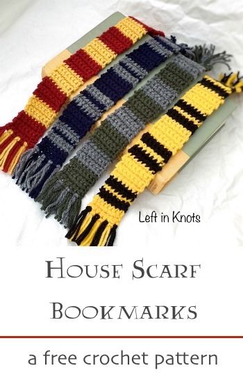 A free crochet pattern! Make this Harry Potter inspired House Scarf Bookmark in any or all of your favorite house colors. Are you a Gryffindor, Hufflepuff, Ravenclaw or Slytherin? A perfect pattern for beginners! #crochet #harrypotter #reading #freecrochetpattern #housescarf Knitted Crafts, Harry Potter Crochet, Book Marker, Crochet Bookmark Pattern, Crochet Bookmark, Crochet Geek, Pola Amigurumi, Beginner Crochet Projects, Crochet Bookmarks