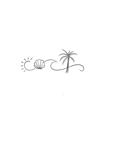 Beach Line Art Tattoo, Wave And Seashell Tattoo, Wrist Beach Tattoo, Cute Holiday Tattoos, Vacation Tattoos Small Beach, Beach Lover Tattoos For Women, Simple Ocean Themed Tattoos For Women, Tattoo Ideas Female Beach Theme, Mauritius Tattoo Ideas