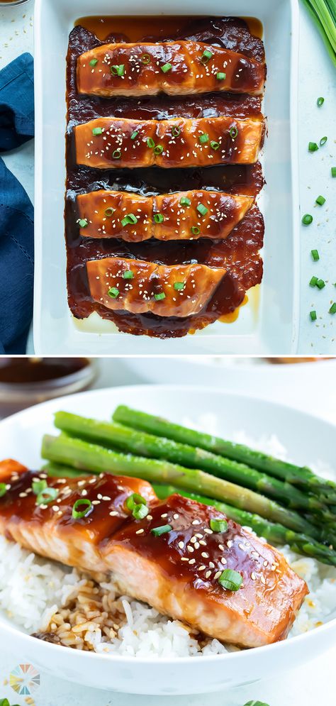 This easy baked Teriyaki Glazed Salmon recipe has the best sweet and tangy sauce! Salmon is coated with a homemade glaze featuring soy sauce, brown sugar, and honey and then cooked in the oven until flaky and tender. Serve this seafood main dish along with rice and steamed veggies for a delicious and healthy dinner! Make Teriyaki Sauce, Teriyaki Glazed Salmon, Salmon Recipes Oven, Homemade Glaze, Baked Teriyaki Salmon, Salmon Teriyaki Recipe, Healthy Spring Recipes, Spring Soups, Salmon Glaze Recipes