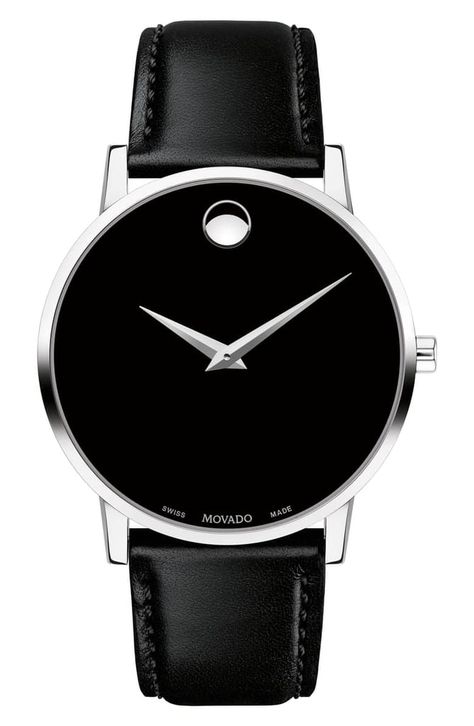 Movado Leather Strap Watch Men Styling, Nice Watches, Black Museum, Slim Watches, Movado Watch, Minimalist Watch, Modern Watches, Crystal Watches, Vintage Watches For Men