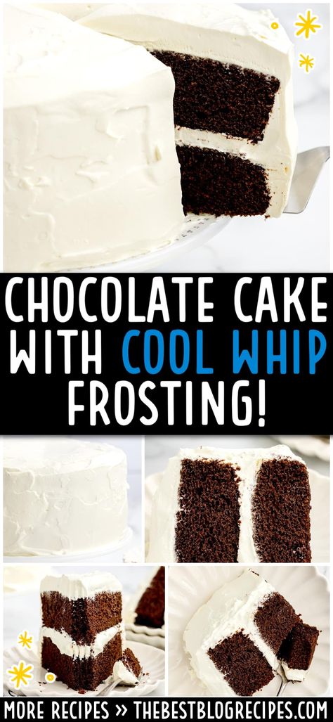 Chocolate Cake with Whipped Cream Frosting Soft Moist Chocolate Cake, Cake With Cool Whip, Chocolate Cake With Whipped Cream, Cake With Whipped Cream Frosting, Whip Frosting, Cool Whip Frosting, Cake With Whipped Cream, Perfect Chocolate Cake, Chocolate Cake Recipe Moist