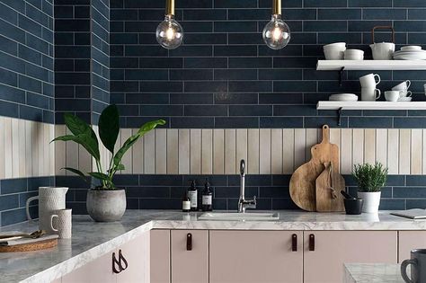 Kitchen wall tiles: Ideas for every style and budget | loveproperty.com Kitchen Dado, Dado Tiles, Large Kitchen Tiles, Kitchen Wall Tiles Design, Tiles Uk, Tiles Ideas, Kitchen Tiles Design, Subway Tile Kitchen, Floor Tile Design