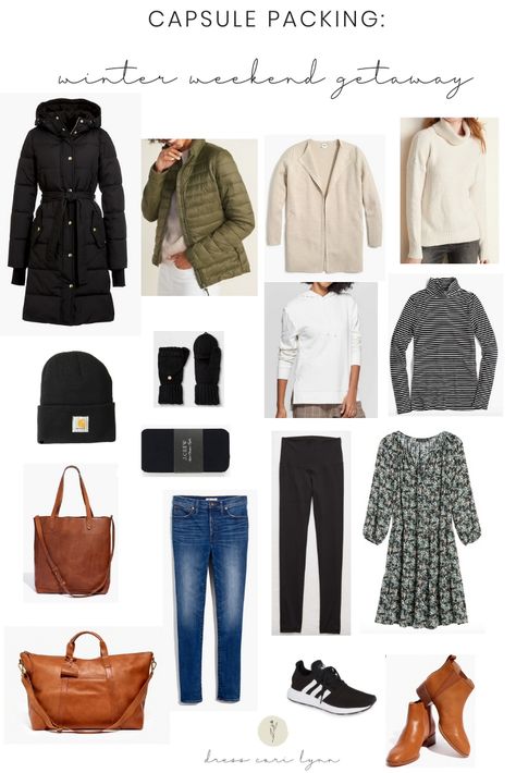 Capsule Wardrobe Weekend Trip Winter, Winter Weekend Getaway Outfits Casual, Weekend Trip Outfits Winter, Trip Outfits Winter, Spring Weekend Getaway Outfits, Winter Weekend Getaway Outfits, Winter Weekend Packing, Fall Weekend Getaway Outfits, Winter Getaway Outfits