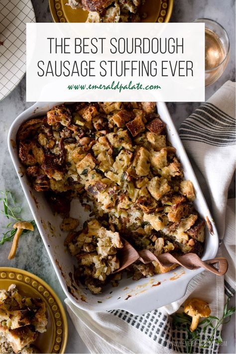 Thanksgiving stuffing with sourdough and sausage Sausage Stuffing Thanksgiving, Pancetta Stuffing, Sourdough Stuffing Recipe, Turkey Stuffing Recipes, Sausage Stuffing Recipe, Thanksgiving Stuffing Recipes, Thanksgiving Vegetables, Stuffing Recipes For Thanksgiving, Sausage Stuffing