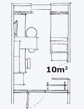 A hand-drawn floor plan of a 100 square foot room. 10m2 Bedroom Layout, 10 Square Metre Bedroom, 200 Sqm Floor Plan, Dormitory Layout Floor Plans, Standard Room Sizes In Meters, 2.5m X 3m Bedroom Layout, Student Room, Spare Room, College Dorm Rooms