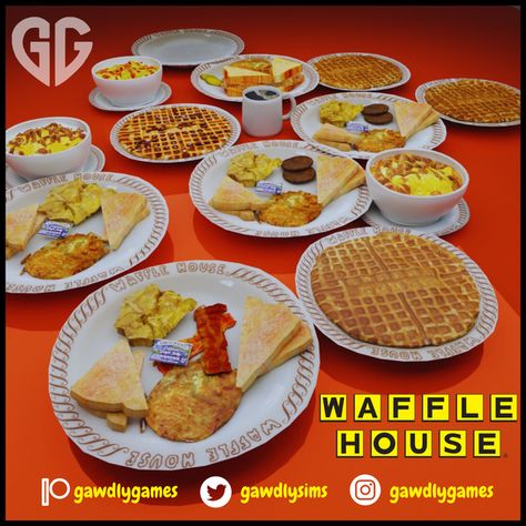 Waffle House Custom Food - Breakfast | Patreon Sims 4 Waffle House Cc, Sims 4 Waffle House, Waffle House Menu, Bacon Egg Breakfast, Waffle Chocolate, Bacon Eggs Breakfast, Chocolate Waffles, Bacon Sausage, Sims 4 Cc Shoes