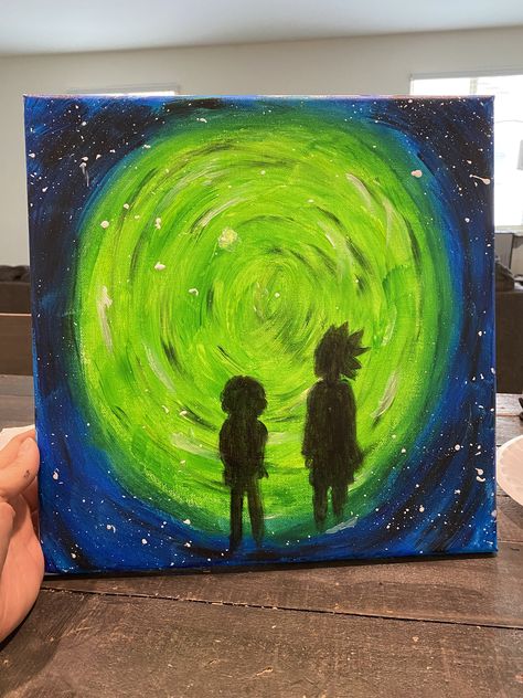 Rick and Morty painting Rick And Morty Watercolor, Graduation Cap Designs Rick And Morty, Painting Rick And Morty, Cool Rick And Morty Paintings, Rick And Morty Canvas, Rick And Morty Painting Trippy, Painting Ideas Rick And Morty, Rick Morty Painting, Diy Rick And Morty Crafts