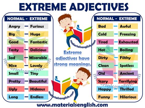 Extreme Adjectives in English English Adjectives Advanced, Kagen Strategies, Extreme Adjectives, Adjectives In English, Adjectives Grammar, Adjectives Activities, Teach English To Kids, English Adjectives, Advanced English Vocabulary