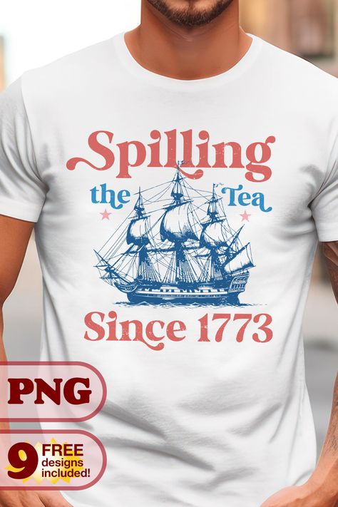 Celebrate American history with this "Spilling the Tea - Since 1773" digital download design! Perfect for direct print or sublimation, this PNG file features blue and red lettering with an illustrated graphic of a colonial ship. Ideal for creating patriotic mugs, tees, coasters, bags and many other applications This design commemorates the Boston Tea Party and the Sons of Liberty, making it a unique gift for history enthusiasts. Download now and start sublimating your love for American heritage! Tea Png, Sons Of Liberty, Boston Tea Party, Boston Tea, American Heritage, The Tea, Tee Design, American History, Tea Party