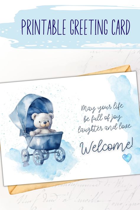 Pastel blue printable congratulations card for a newborn baby boy with watercolor teddy bear design is crafted to convey warm wishes to a new family member. Whether you're looking for newborn baby boy greeting card or throwing a baby shower party, this card is a perfect addition to welcome a precious bundle of joy. #newborn #babyboy #welcomebabycard #printablegreetingcard #teddybear #newbabyboycard #newbabyboy #welcomecard #congratulations #nurseryinspiredcard #babyblessing #babymilestone Welcome Baby Boy Quotes, Wishes For Baby Boy, Newborn Congratulations, Newborn Card, Watercolor Teddy Bear, Baby Shower Greetings, Welcome Baby Boy, Card Verses, Welcome New Baby