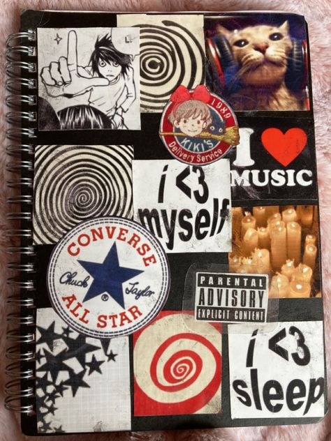 Journal Ideas Aesthetic Cover Page, High School Journal Ideas, Decorating My Journal Cover, Emo Journal Ideas, How To Decorate Your Journal Cover, Grunge Sketchbook Cover, Messy Journal Aesthetic Grunge, Grunge Notebook Cover, Grunge Journal Cover