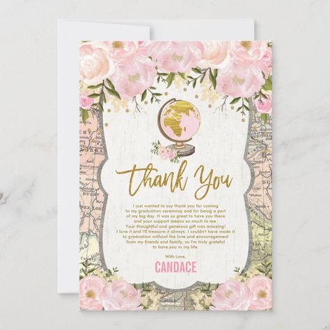 Vintage Pink Gold Floral Travel Map Graduation Thank You Card | #thankyounote #watercolorfloral #pinkandgold #thankyoucard #blushpinkfloral #graduation #vintagetravel #retroglobe #gradschool #oldclassicmap Floral Birthday Invitations, Adventure Girl, Baby Shower Vintage, Graduation Thank You Cards, Adventure Map, 1st Birthday Invitation, Map Travel, Gold Watercolor, Birthday Invitations Girl