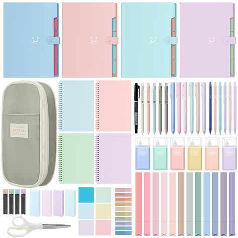 PRICES MAY VARY. Large Capacity and Compact Design: this stationery pack features a cute pencil case about 9.45 x 4.33 x 1.38 inches/ 24 x 11 x 3.5 cm in size; The case is easy to carry and store, suitable for those always on the move; It makes it an ideal choice to store the pens, highlighters, mechanical pencils, and accessories included in the package Quality Construction and Durability: the set includes 4 different colored portable file folder organizers about 12.8 x 9.25 x 0.75 inches in si High School Supplies List Junior, Best Back To School Supplies, Cute School Stuff, Scissors For School, School Supplies Pencil Case, Cute Highlighters, Pencils For School, School Core, Middle School Essentials