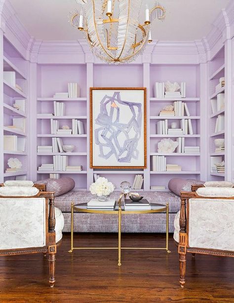 Chic purple den design with built in modular bookcases showcase a centered purple abstract print with a gold frame. Writer's Office, Deco Violet, Purple Office, Deco Pastel, Purple Room, Southern Elegance, Bed Making, Furniture Flipping, Apartment Goals