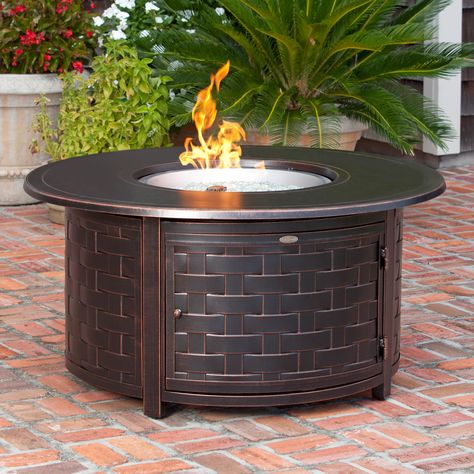 Fire Sense Perissa Woven Round Cast Aluminum Propane Gas Fire Pit | from hayneedle.com Round Propane Fire Pit, Round Fire Pit Table, Fire Pit Ring, Fire Pit Furniture, Propane Fire Pit Table, Round Fire Pit, Fire Pit Cover, Gas Fire Pit Table, Backyard Bar