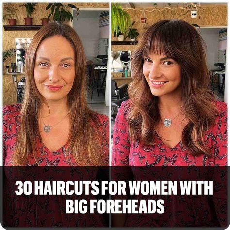 Brunette Shag with Thin Fringe Long Bangs With Face Framing, Bangs Receding Hairline, Fringe For High Forehead, Long Haircuts For Long Faces, Bangs For Broad Forehead, Fringe High Forehead, Haircuts Large Forehead, Short Hair Bangs Long Face, High Cheekbones Women Round Face