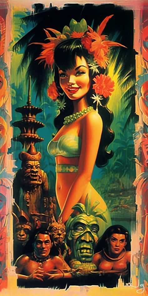 Tiki Poster, Phone Wallpaper Colorful, Tiki Wallpaper, Tiki Backyard, Tiki Pinup, Tiki Artwork, Paradise Poster, Art Phone Wallpaper, Tiki Culture