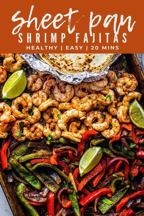 Quick Sheet Pan Shrimp Fajitas#sheetpan #weeknightdinner #fajitas #shrimp #Mexicanfood #seafood #pescatarian #20minutedinner Shrimp Fajita Seasoning, Shrimp Sheet Pan Recipes, Keto Shrimp Fajitas, Healthy Shrimp Fajitas, Fajitas Shrimp, Shrimp Fajita Bowl, Shrimp Fajitas Sheet Pan, Chicken And Shrimp Fajitas Oven, Mary Makes It Easy Shrimp Fajitas