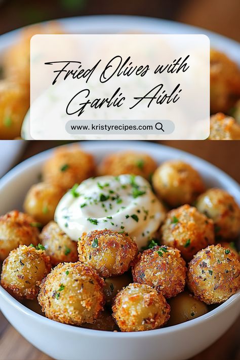 Experience the bold flavors of Fried Olives with Garlic Aioli! These crunchy, savory treats are filled with the perfect mix of briny olives and a crisp batter. Paired with a smooth, garlic-infused aioli, they make the ideal appetizer or snack for any occasion. #olive #extravirgin #greenolives #healthyfood #extravirginoliveoil Olive Puffs Recipe, Stuffed Black Olives, Fried Olives With Garlic Aioli, Fried Olives Pioneer Woman, Appetizer With Olives, Stuffed Fried Olives, Olives Appetizer Ideas, Fried Green Olives, Deep Fried Olives