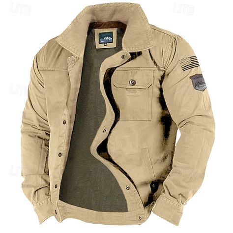 Embroidered Men's Cargo Jacket Coat Side Pockets Zip Front Regular Fit Standing Collar Long Sleeve Cotton Jacket Breathable Comfortable Sports Outdoor Fall Winter Military Style Jacket 2024 - $39.99 Mountain Fashion, Dark Blue Jacket, Graphic Jackets, Mens Lightweight Jacket, Military Jacket Green, Jacket Outdoor, Military Style Jackets, Cargo Jacket, Mens Cargo