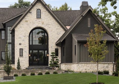 Black Modern Exterior House, Brick Rock And Siding Exterior, Limestone And Board And Batten Exterior, Dark Exterior With Light Stone, Cottagecore Exterior House, 2024 Exterior House Trends, Modern Italian Farmhouse, Mountain Home Exterior, Ohio House