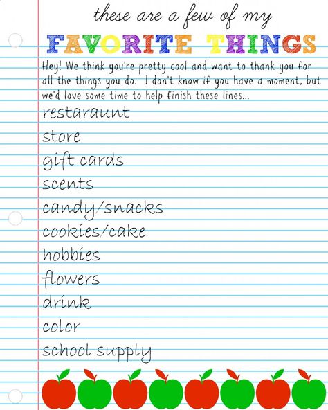 teacher's favorite things questionnaire #teacherappreciation Favorites List Questions, Teacher Questionnaire, Teacher Wish List, Hospitality Ideas, Texas Girls, Teacher Treats, Teacher Appreciation Printables, Teacher Appreciation Ideas, Teachers Appreciation