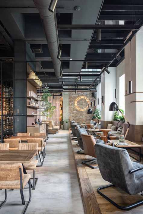 Revitalizing An Industrial Landmark: A Look Inside WERK Restaurant Wooden Bar Top, Industrial Restaurant Design, Restaurant Architect, Stone Kitchen Island, Heritage Building, Restaurant Pictures, Industrial Cafe, Open Ceiling, Industrial Restaurant