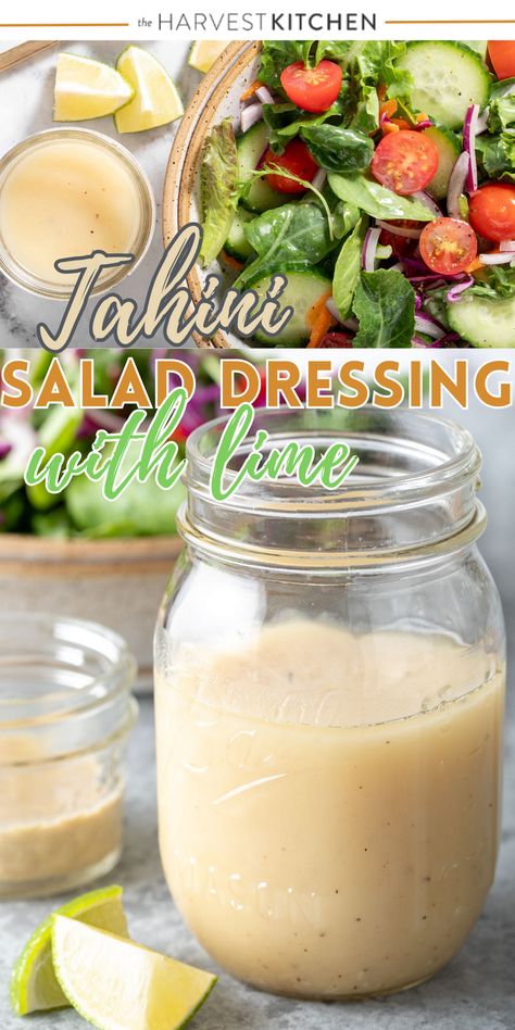 This Honey Lime Tahini Dressing recipe is made with tahini, lime juice, olive oil, garlic and honey. The combo of sesame, lime and honey flavor is completely addictive!  This tahini salad dressing is a staple in my house. It’s so easy to make and the flavor is amazing! Peanut Lime Dressing, Antioxidant Salad, Salad Dressing Recipes Vinaigrette, Tahini Salad, Honey Lime Vinaigrette, Garlic And Honey, Tahini Salad Dressing, Homemade Salad Dressing Healthy, Tahini Dressing Recipe