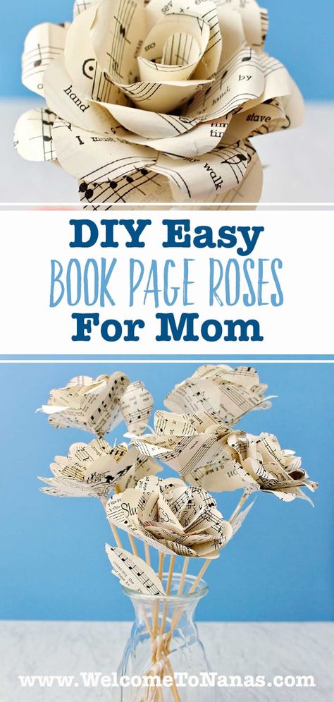 Give mom a bouquet of beautiful DIY Easy Book Page Roses for Mother's Day. Upcycle old paper and make a gift of love that will last. #WelcometoNanas #BookPageRoses #DIYGiftForMom #UpcycledOldPaper Book Lovers Gifts Diy, Music Paper Flowers, Recycled Book Crafts, Paper Bouquet Diy, Upcycled Books Crafts, Book Page Roses, Book Page Flowers, Book Themed Party, How To Make Rose