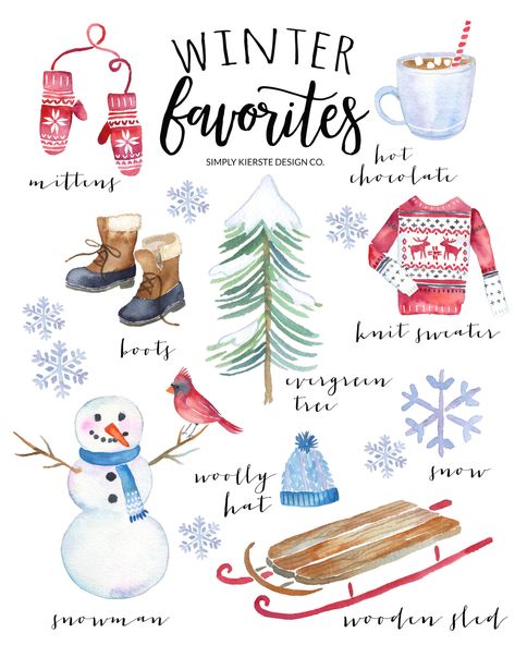 Winter Favorites Printable | This vintage style printable of cozy winter favorites is perfect for your Christmas and winter decor! Free printable included! Vintage Style | simplykierste.com #vintageChristmas #Christmasprintable #winterfavorites #Christmasdecor Winter Favorites, Watercolor Winter, Winter Illustration, Winter Watercolor, Noel Christmas, Homescreen Wallpaper, Christmas Illustration, Winter Fun, Winter Crafts