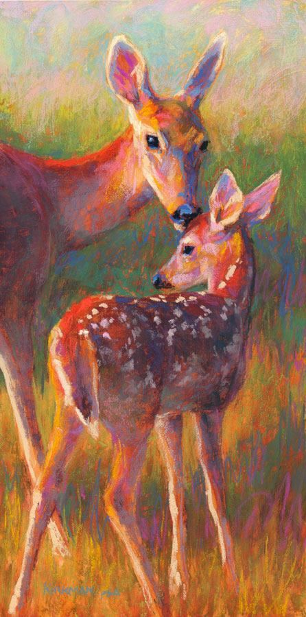 Rita Kirkman, "Doe and Fawn" (pastel, 16x8 inches) Pastel Sec, Deer Art, Oil Pastel Art, Oil Pastel Drawings, Wildlife Paintings, Daily Painting, A Deer, Baby Deer, Pastel Art