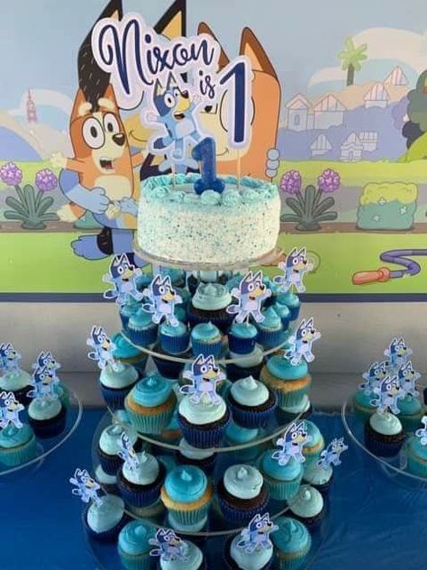 Pull Apart Bluey Cake, One Year Old Bluey Birthday, Bluey Bingo Smash Cake, First Birthday Bluey Theme, Bluey First Birthday Cake, Blue And Bingo Birthday Party, Bluey 1st Birthday Cake, Bluey Cupcake Cakes, Bluey Cake Ideas For Boys