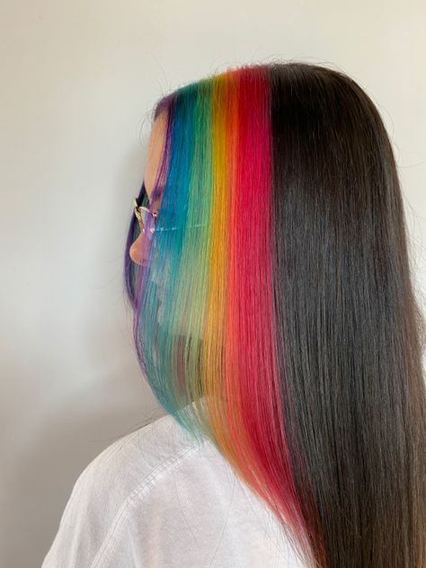 Rainbow Underneath Hair, Multi Tone Hair, Multi Tone Hair Color, Rainbow Hairstyles, Hair Dye Techniques, Hime Cut, Hair Stripping, Hair Dye Tips, Vivid Hair Color