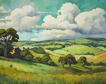 Rolling Hills Painting, Modern Impressionist Art, Rolling Hills Landscape, Impressionist Paintings Landscape, Tree Landscape Painting, Hills Landscape, Cottagecore Minimalist, Art Clouds, Clouds Art