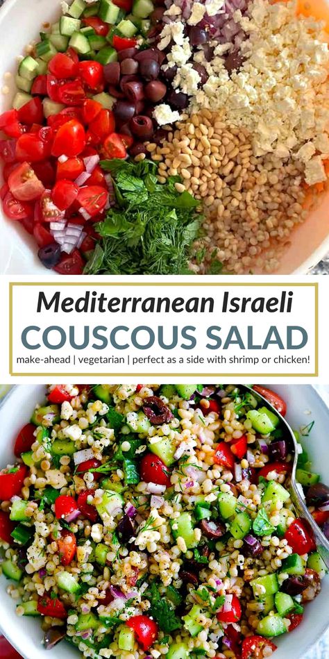 Experience the vibrant flavors of the Mediterranean with this Israeli Pearl Couscous Salad. Bursting with juicy tomatoes, briny olives, creamy feta, crisp cucumber, and aromatic fresh herbs, all enveloped in a zesty lemon garlic olive oil dressing. Ideal as a make-ahead vegetarian side or a light lunch, it pairs beautifully with grilled halloumi, chicken, or shrimp. Tomato Spinach Feta Couscous Salad, Mediterranean Recipes With Couscous, Mediterranean Cous Cous Salad Recipes, Mediterranean Pearl Couscous Salad, Could Cous Salad, Healthy Couscous Salad, Coucous Salad Recipes Feta, Pearl Cous Cous Salad, Halloumi Chicken