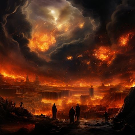 A raging fire consumes the land. Fire Giants, Burning City, Apocalypse Art, Flame Art, World On Fire, My Fantasy World, Fantasy City, Dark Art Illustrations, Forest Fire