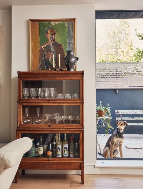 Dresser As Kitchen Storage, Laini Ozark Room, Mixed Woods In Dining Room, 1920s Style Home, Vintage Style Apartment Decor, China Cabinet Ikea, Light And Airy Basement, Vintage Modern Interior Design, Dining Room Cupboards