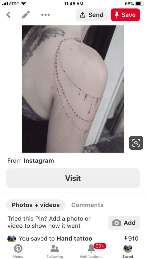 Feather Tattoo Arm, Jewelry Tattoo Designs, Chain Tattoo, Necklace Tattoo, Flower Wrist Tattoos, Shoulder Tattoos, Nice Ideas, Shoulder Tattoos For Women, Cute Tattoos For Women