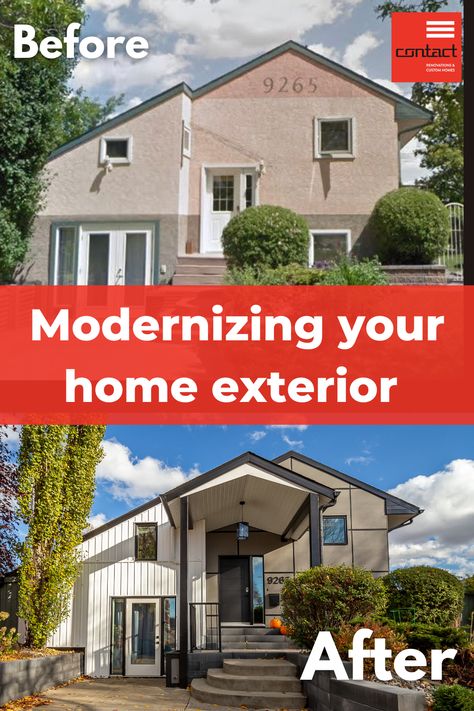 Modernizing your home exterior, Contact Renovations Drainage Solutions, Board And Batten Siding, Stucco Exterior, Exterior Renovation, New Windows, House Siding, Board And Batten, Home Exterior, Look Plus