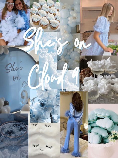 Blue Party Theme | Cloud Party Idea | Bachelorette Party Idea | She’s on Cloud 9 | Birthday Party | Bridal Shower | Baby Shower| Mood Board | Inspo Board | Cocktails | Flowy Dress | Party Decor | Classy Party | White Party Theme | Glitter | PJs | Balloons | Pastries | Macaroon | Background | Winter Bridal Shower Ideas On Cloud Nine, Cloud 9 Birthday Party Backdrop, Cloud Nine Hens, Cloud Nine Bachelorette Outfits, On Cloud Nine Party Decor, Icy Bachelorette Party, On Cloud Bride Bachelorette, Bachelorette Cloud 9 Theme, Teal Bachelorette Party Decor