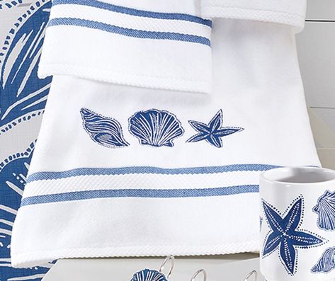 Azul Coastal Shells Bath Towel Dark Blue Ocean, Embroidered Shell, Coastal Bedroom Furniture, Decorative Bath Towels, Bathroom Reno, Fingertip Towels, Cotton Hand Towels, Towel Beach, Reno Ideas