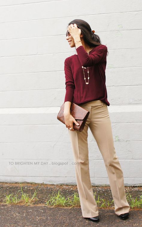 burgundy/maroon sweater and dark khaki pants Burgandy Outfits Aesthetic, Maroon Top Outfit, Maroon Sweater Outfit, Khaki Pants Outfit Women, Maroon Shirt Outfit, Burgundy Top Outfit, Burgundy Sweater Outfit, Dark Khaki Pants, Dresses Images