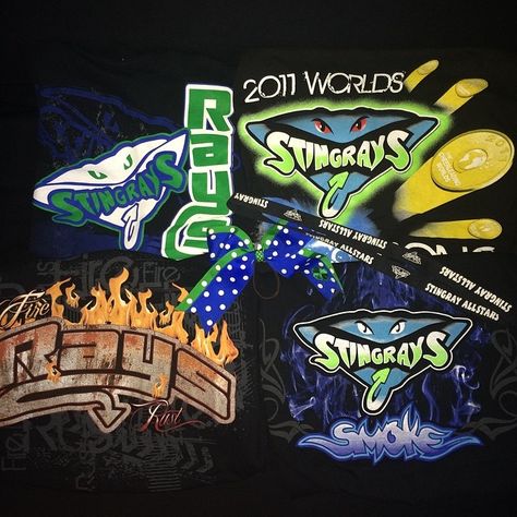 Selling My Cheer Stuff! on Instagram: “STINGRAY ALLSTARS ONE OF A KIND💙💚 Top left Rays shirt (adult small): $15 Top right worlds shirt (adult small): $15 Fire and Rust Rays shirt…” Stingray Allstars, Cheer Stuff, Stingray, All Star, Rust, Comic Book Cover, On Instagram, Instagram