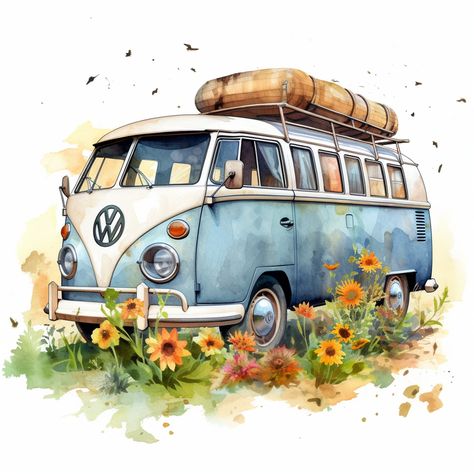 Van Art Drawing, Vw Van Drawing, Caravan Drawing, Caravan Painting, Volkswagen Bus Art, Van Drawing, Vans Vintage, Camper Art, Pop Art Vintage